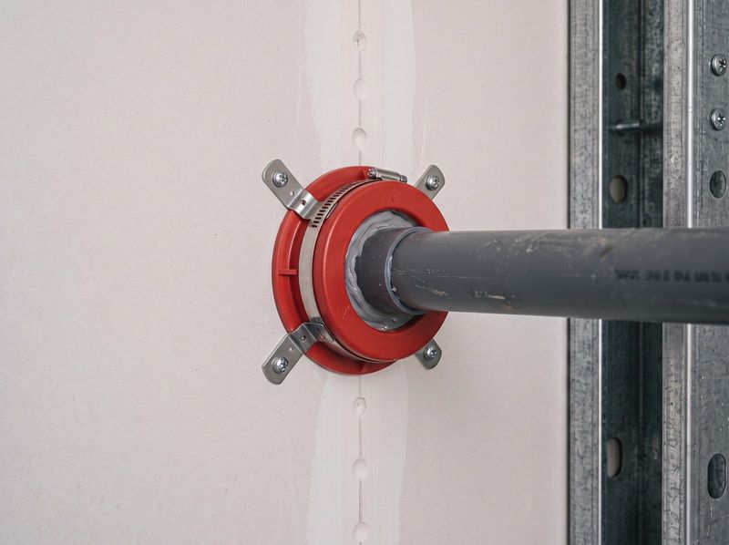 Intumescent fire collar fitted around a service penetration through a fire rated plasterboard wall