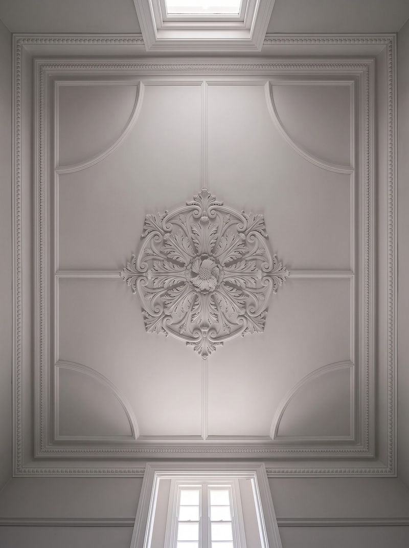 Ornate plaster ceiling rose and panelled ceiling detail in a Federation era room