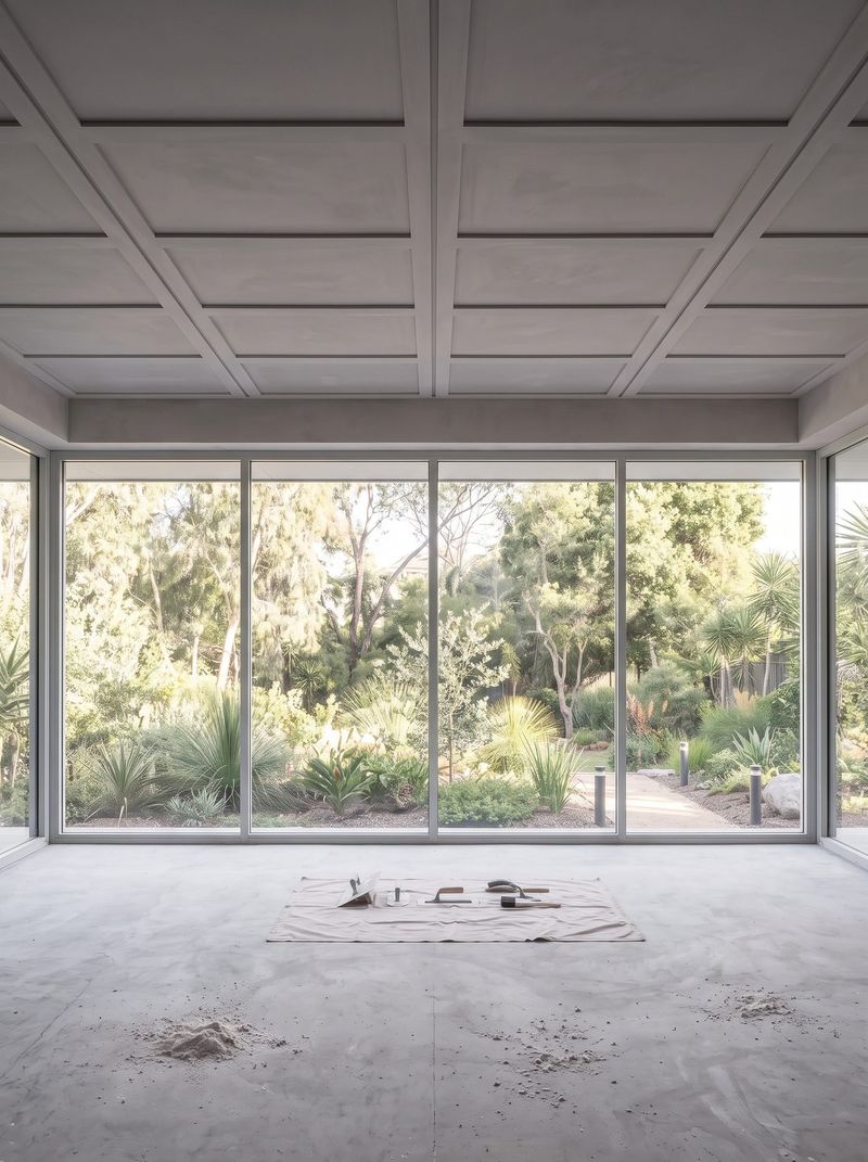 Panelled plasterboard ceiling above full height glazing with a garden beyond