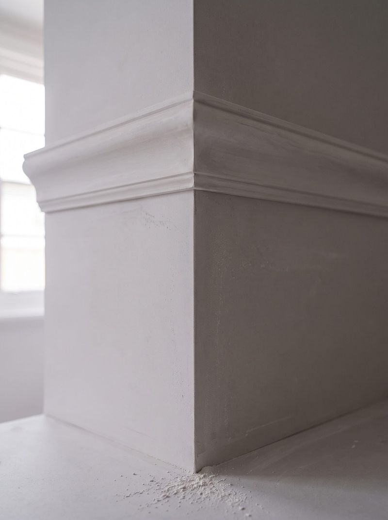 Plasterboard cornice mitred around an external corner, set and sanded, raking daylight along the return