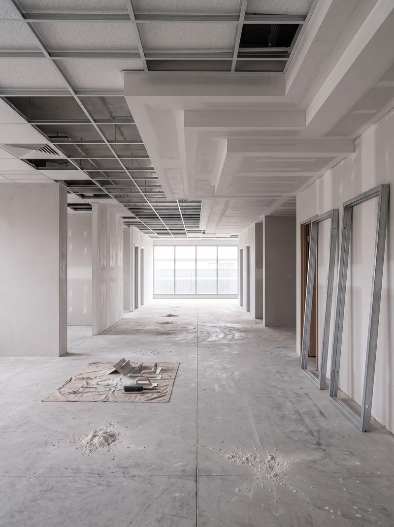 Commercial office fitout with a suspended ceiling grid and plasterboard bulkhead under construction