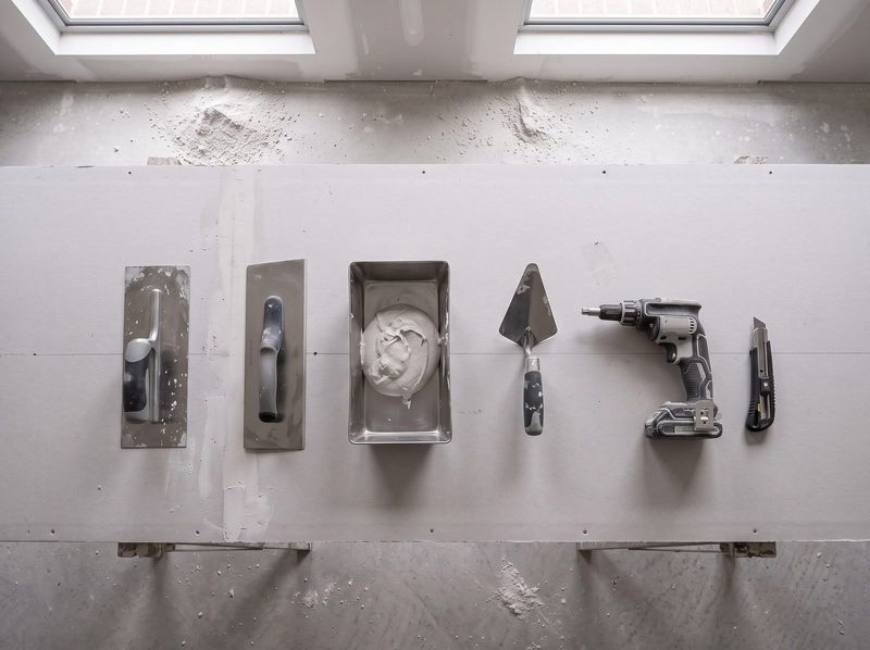 Plasterer's tools laid out on a sheet of plasterboard on a trestle — finishing trowel, broadknife, mud pan, gauging trowel, cordless screwgun and utility knife