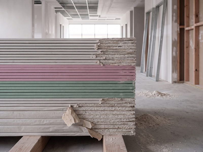 Stack of plasterboard sheets on a job site, cut edges showing standard, fire-rated and wet-area board and their differing thicknesses