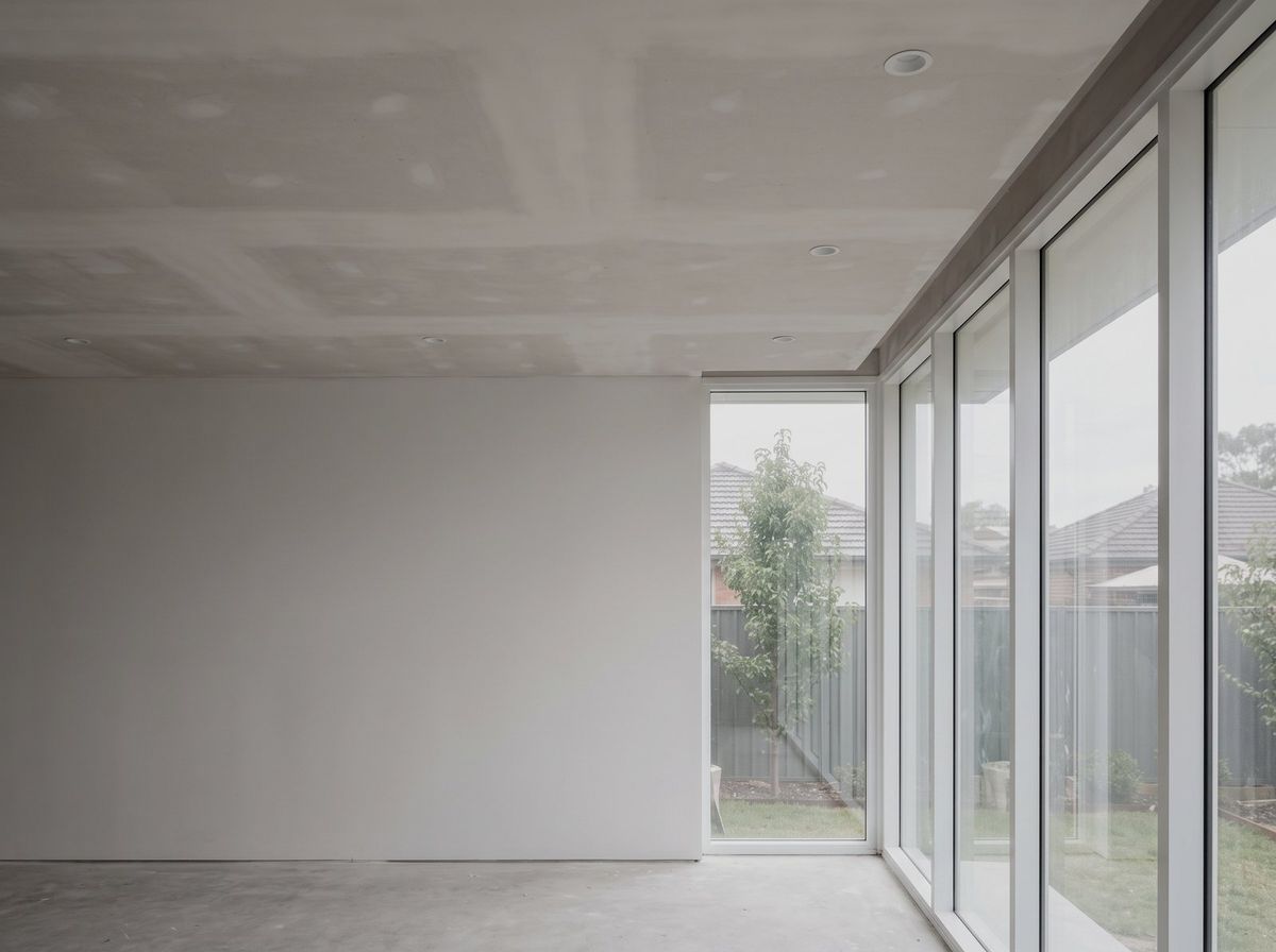 Panelled plasterboard ceiling with recessed downlights above full height glazing