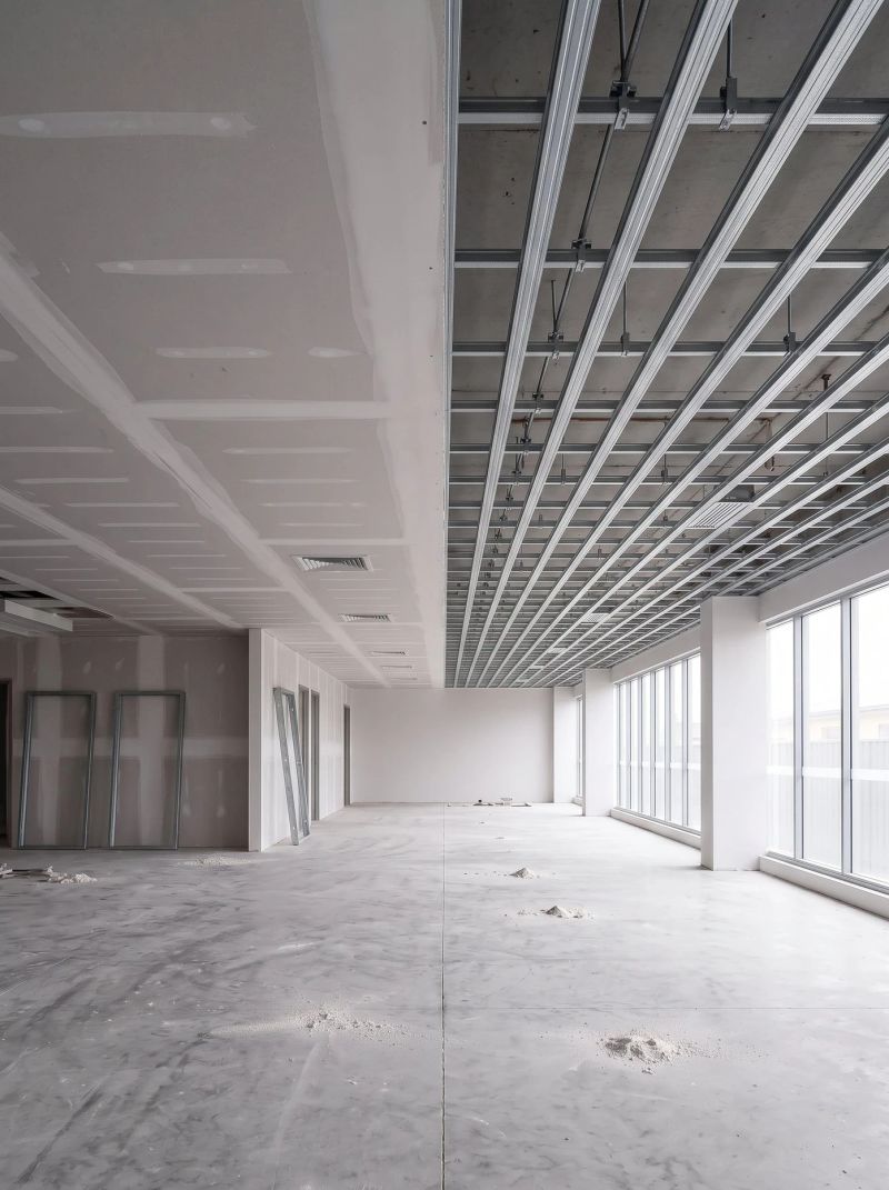 Suspended ceiling under installation in a commercial fitout, steel furring channel on suspension rods with half the ceiling already sheeted in plasterboard