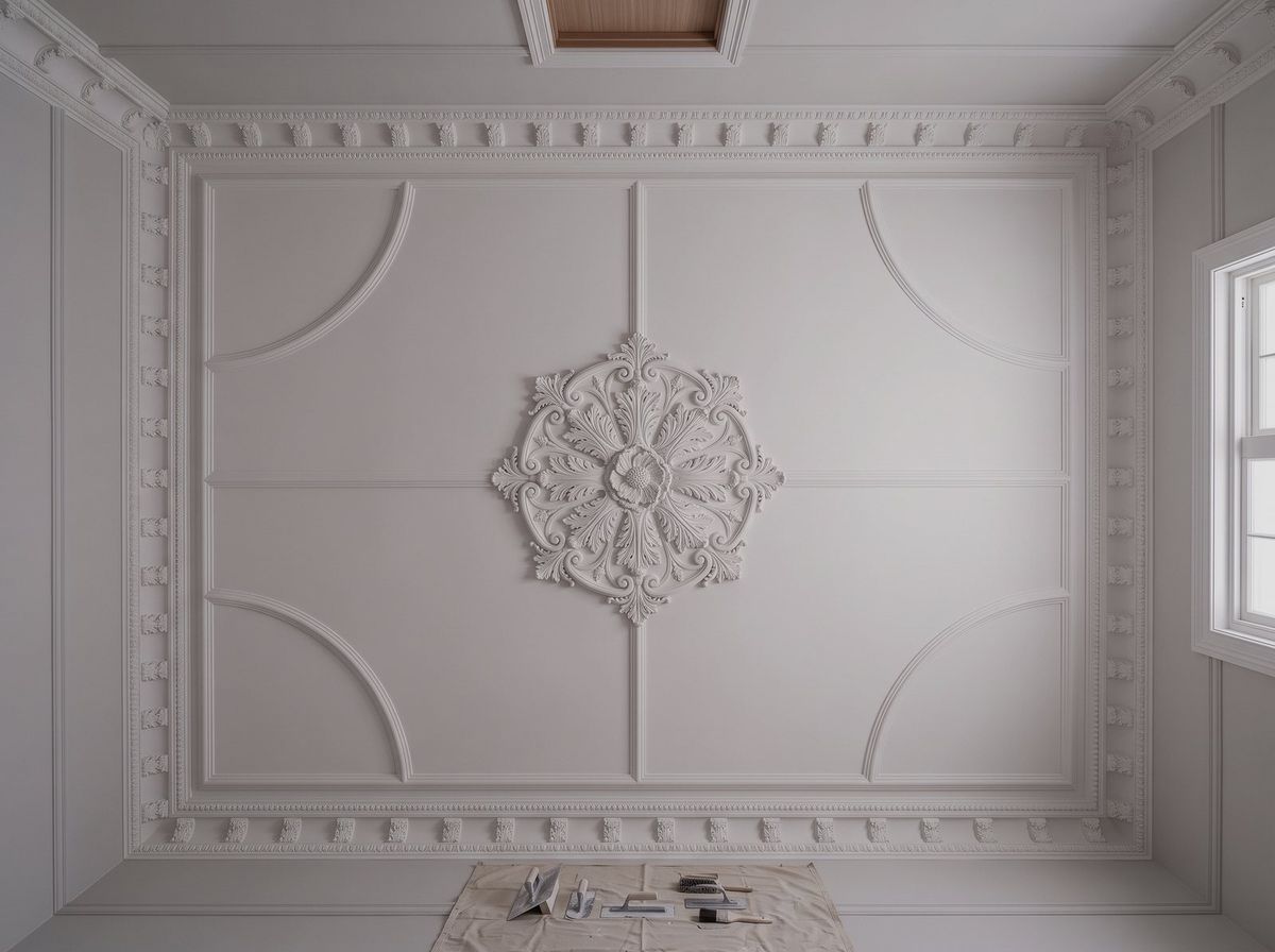 Period ceiling with decorative cornice and panel mouldings restored in plain white