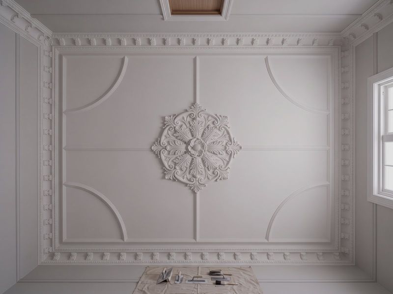 Period ceiling with decorative cornice and panel mouldings restored in plain white