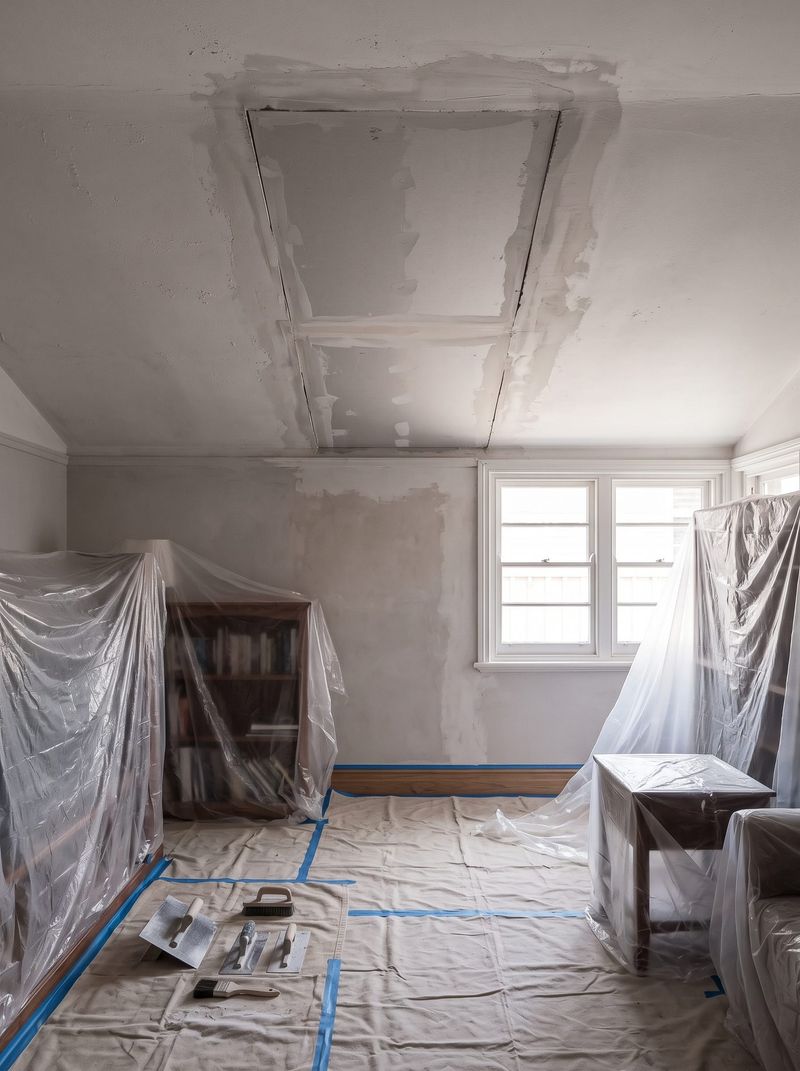 Ceiling repair underway in an occupied home, furniture and floors covered with protective sheeting