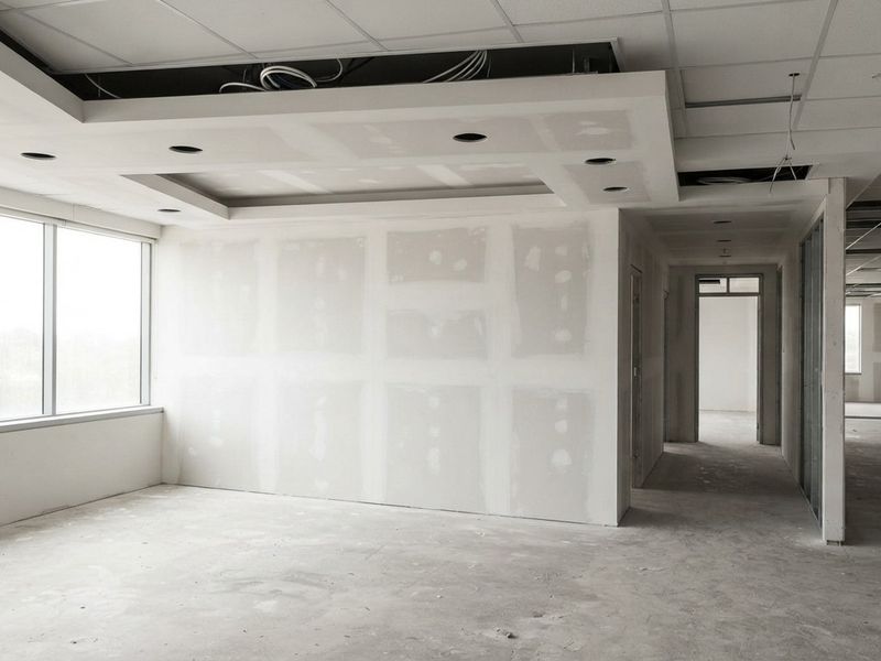 Commercial office fitout with plasterboard partitions and a suspended ceiling bulkhead, sheeted and set