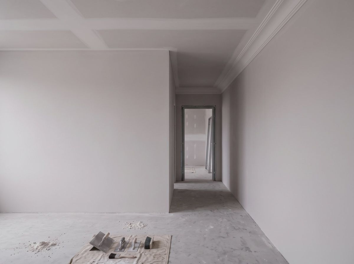 Room with a plain cornice run and a square set ceiling junction, freshly set and sanded