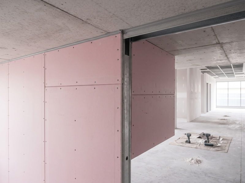 Fire rated partition under construction, pink plasterboard fixed to steel studs and returned into the door reveal, head track sealed against the concrete soffit