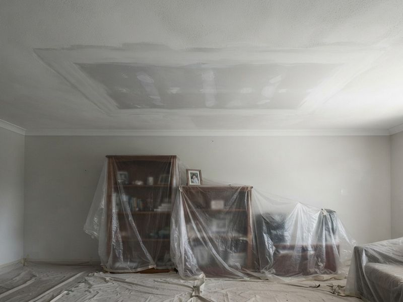 Ceiling repair in an occupied home, the patch set and blended, furniture and floors covered