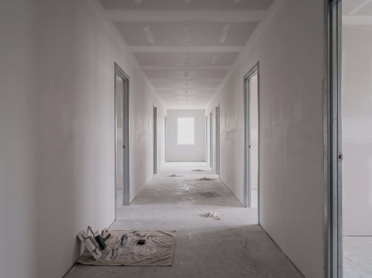 Fitout corridor with plasterboard walls and ceiling set and sanded, steel door frames either side and light at the far end