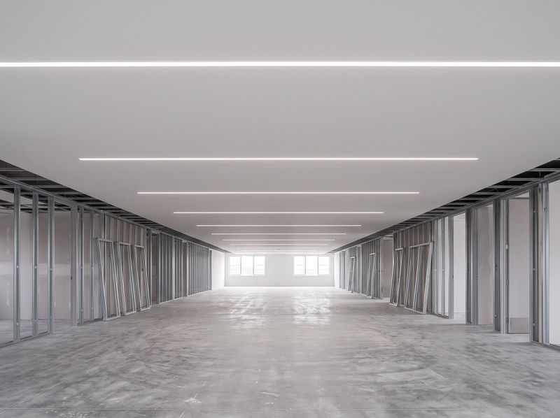 Completed suspended plasterboard ceiling with recessed linear lighting above a commercial fitout in progress