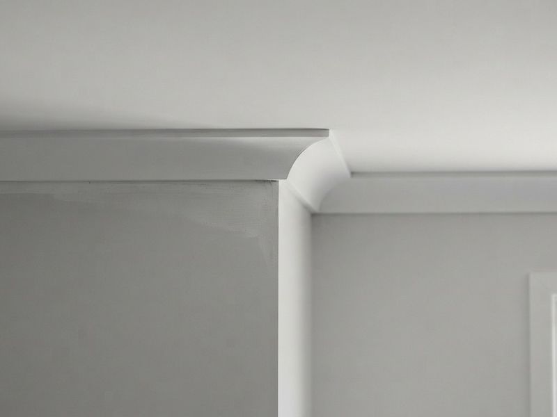 Plasterboard cornice running into a mitred corner beside a square set ceiling junction