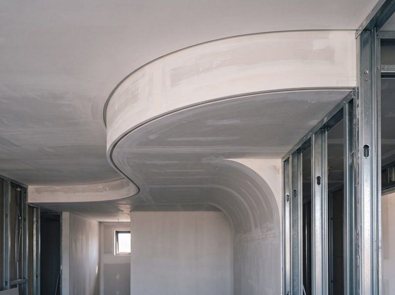 Curved plasterboard bulkhead ceiling set and sanded in an apartment fitout