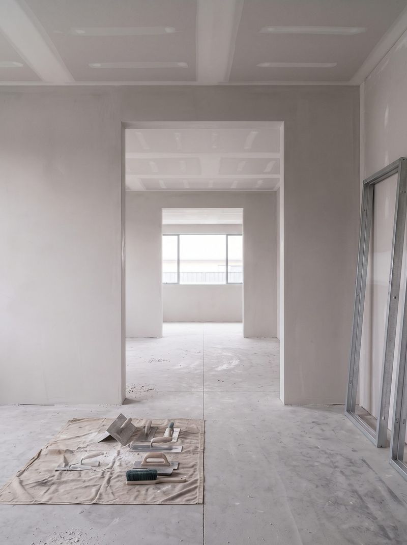 Residential room sheeted in plasterboard with joints set and sanded, doorway through to a further room